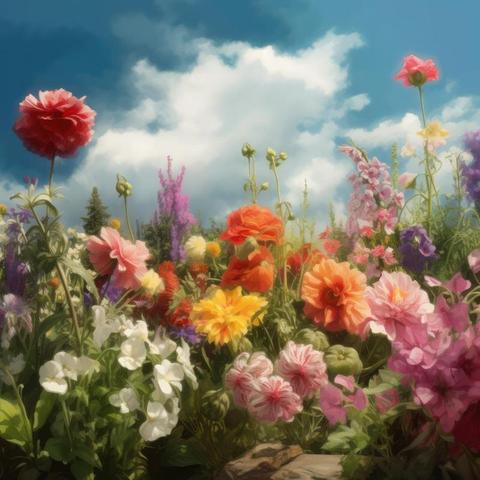 Colourful Spring Flowers At Field Over Blue Sky And Clouds Created