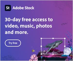 The image is a screenshot of a graphical user interface for an application. The content of the image is an advertisement for Adobe Stock, offering a 30-day free access to video, music, photos, and more. The image includes text and may be related to a reef, according to the tags.