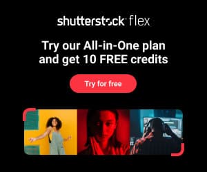 This is a screenshot of a graphical user interface for a website. The website appears to be promoting a plan called 'All-in-One' and offering 10 free credits. The image also includes the text 'Try for free' and the logo for Shutterstock Flex. The tags suggest there may be elements of clothing, a person (specifically a woman), graphic design, and a human face in the image.