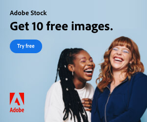 An Adobe Stock promotional interface showcasing a graphic design poster. The offer includes 10 free assets for new users to explore.