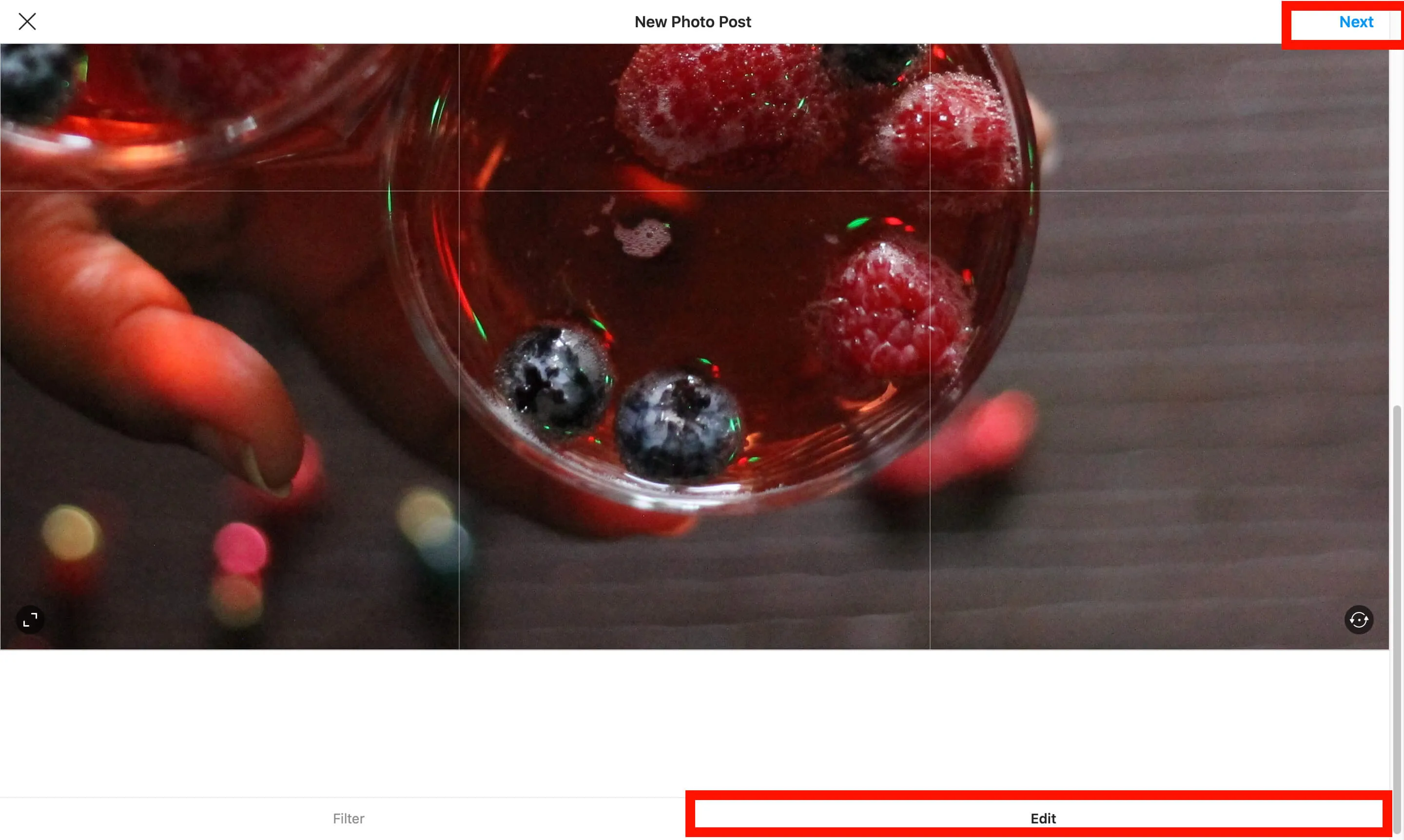 Edit and Next Buttons both highlighted in red in posting process - A complete beginner's guide on how to post on Instagram from a PC or Mac - Image