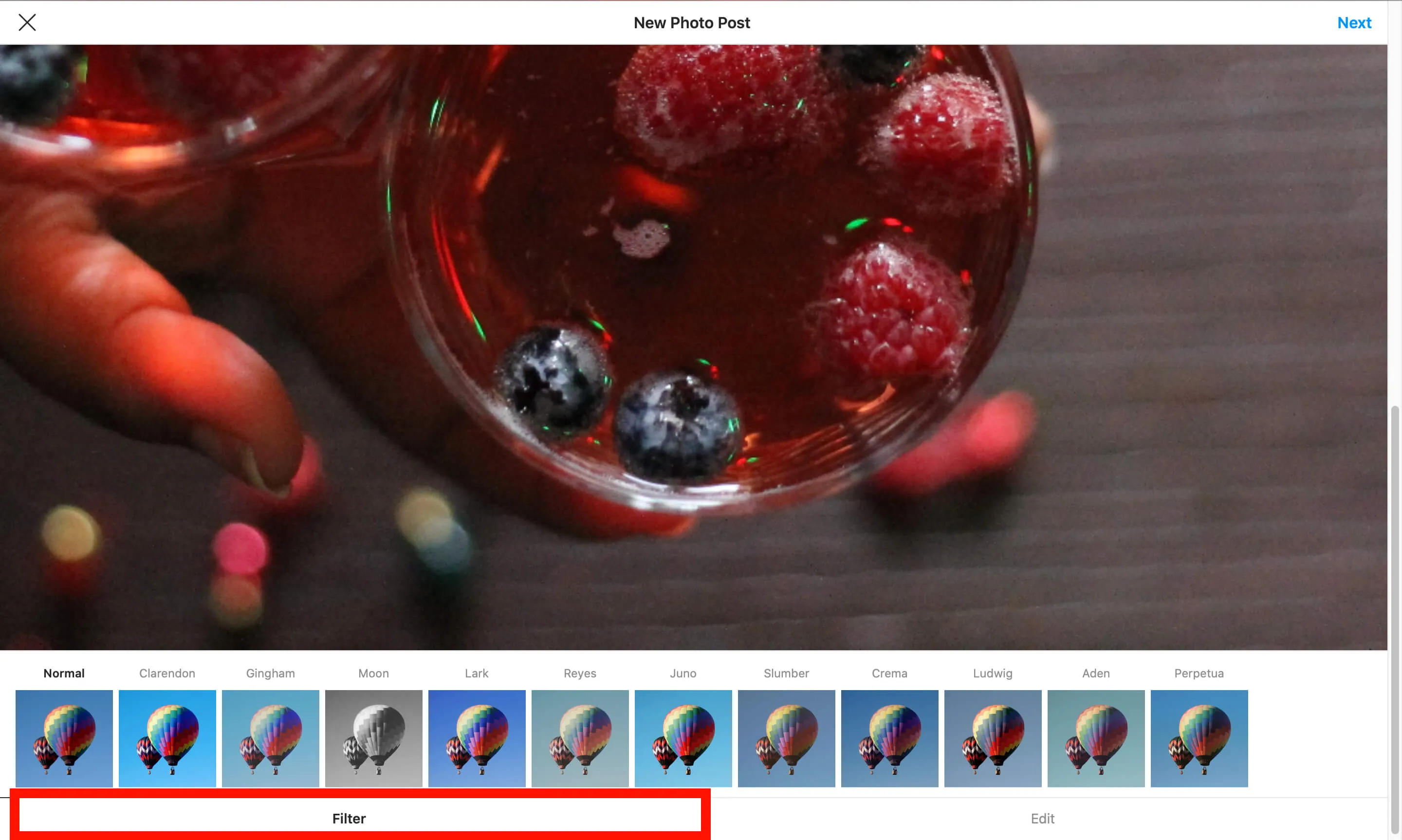 Screenshot of Filter options on Instagram during the posting process, with a sample photo - A complete beginner's guide on how to post on Instagram from a PC or Mac - Image