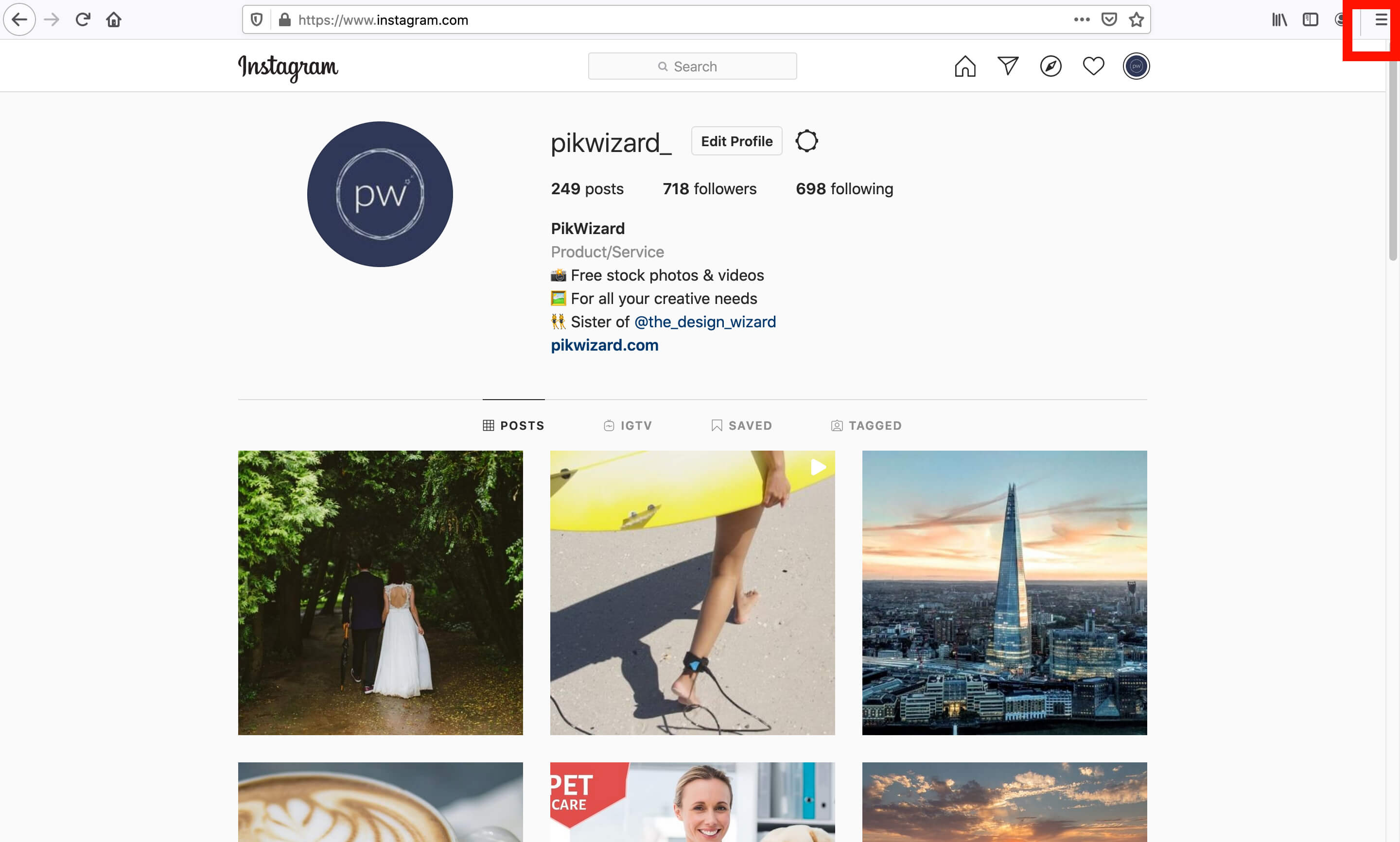 Screenshot of PikWizard home page on Instagram in Firefox, desktop view - A complete beginner's guide on how to post on Instagram from a PC or Mac - Image