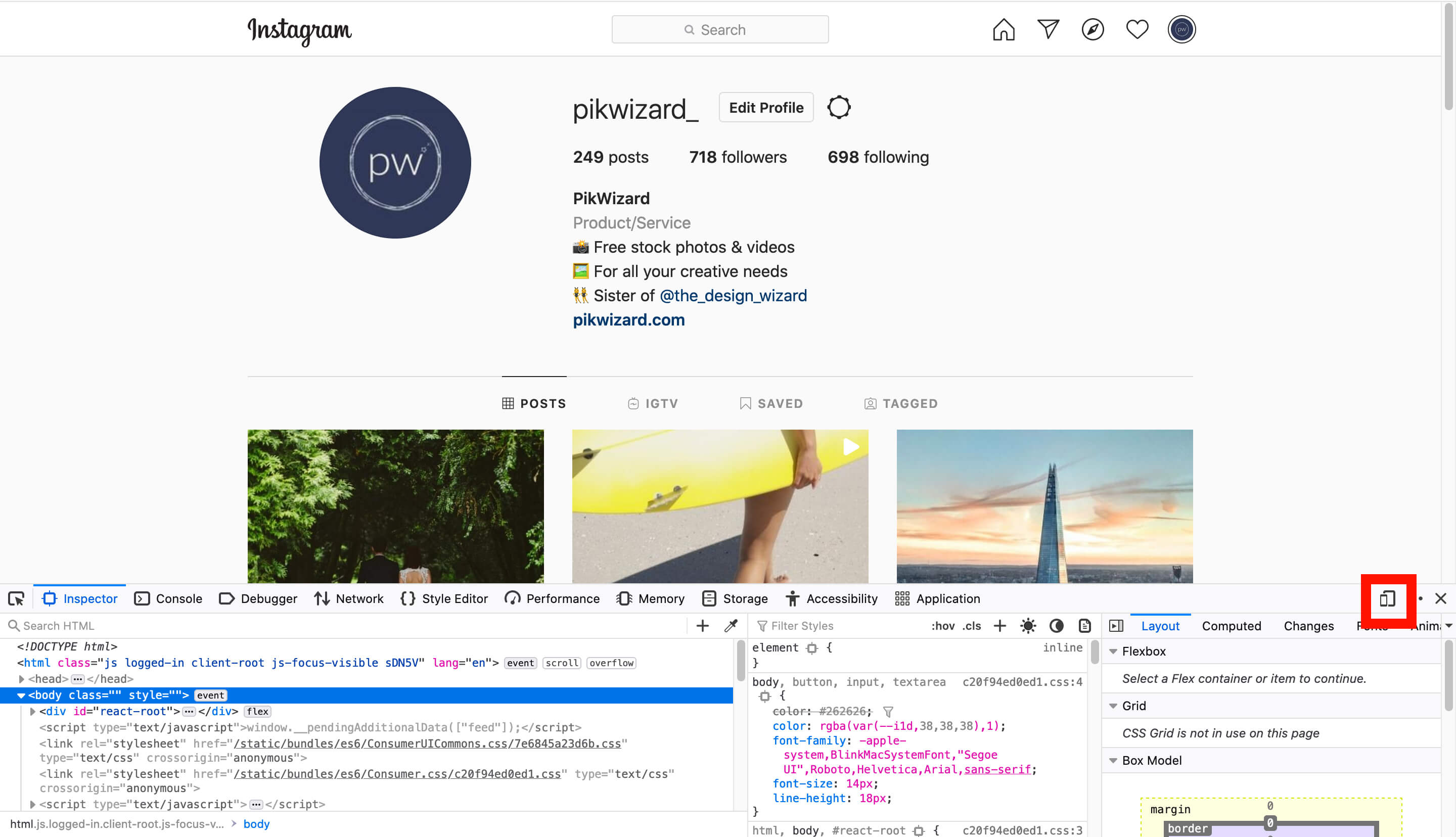 Screenshot of Developer Tools at the bottom of the page with the device toolbar highlighted in red - A complete beginner's guide on how to post on Instagram from a PC or Mac - Image
