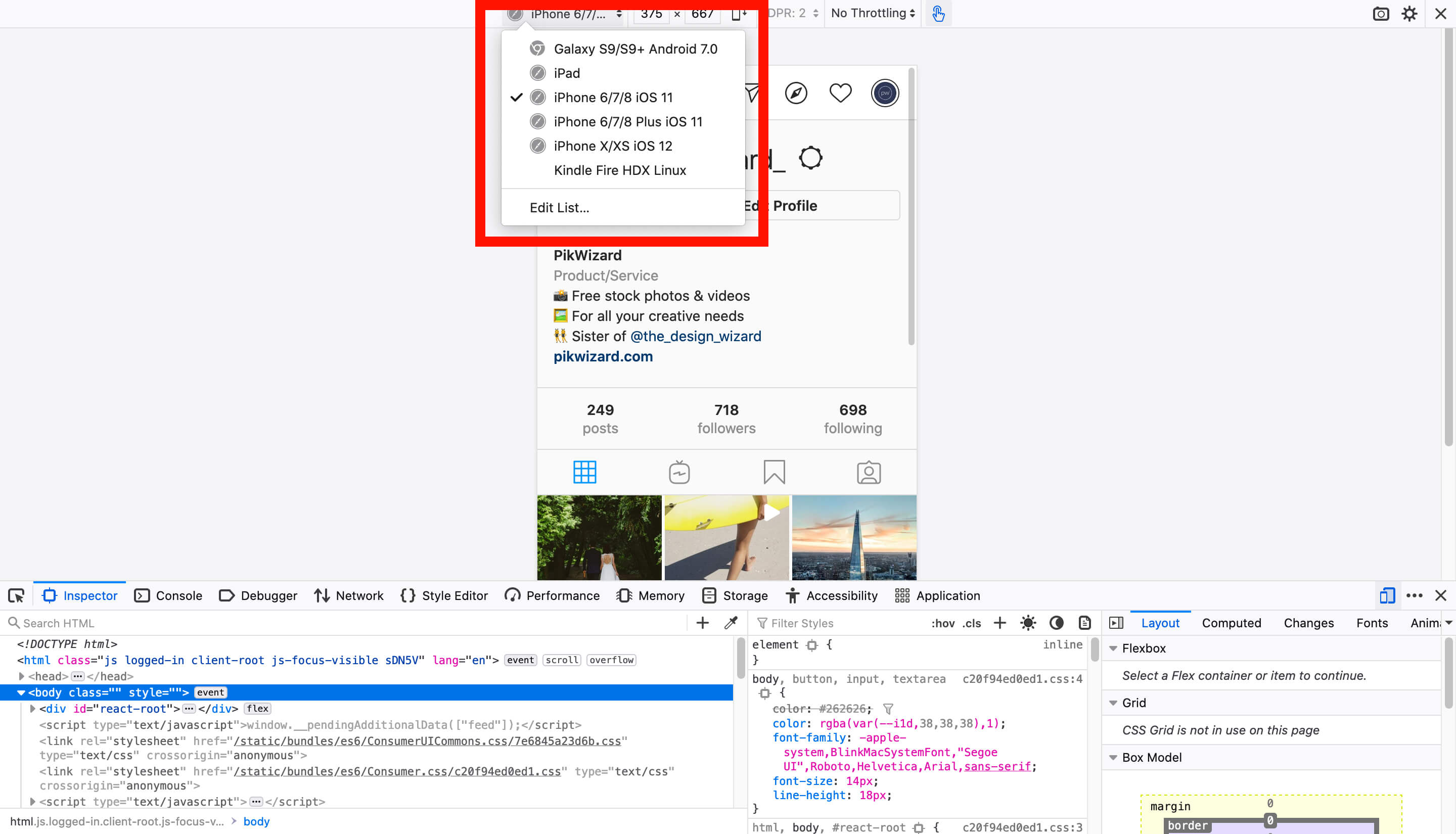 Screenshot of Mobile Sizes highlighted in red on Firefox - A complete beginner's guide on how to post on Instagram from a PC or Mac - Image
