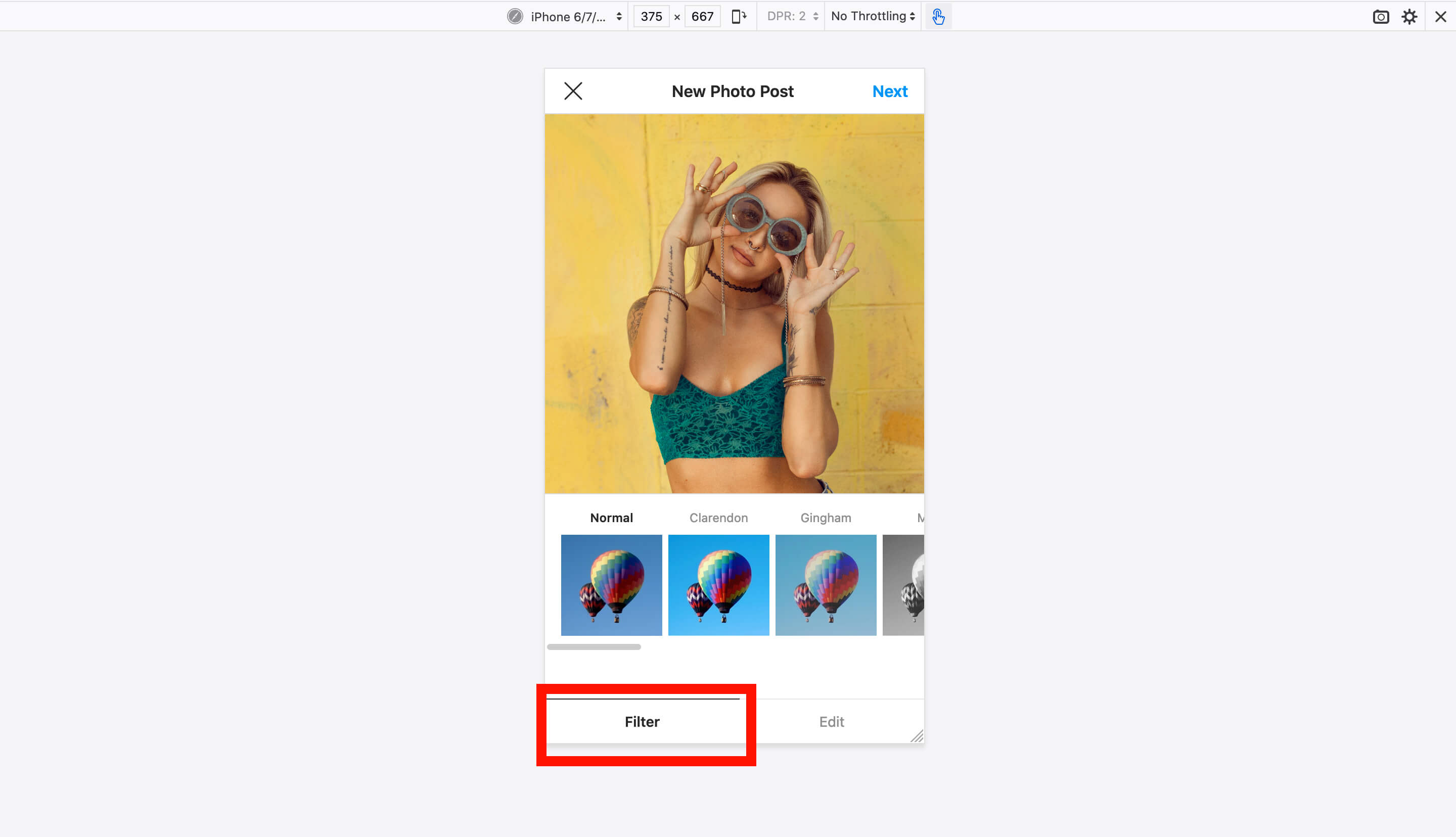 Screenshot of Instagram Filter options highlighted, in the process of posting an image - A complete beginner's guide on how to post on Instagram from a PC or Mac - Image