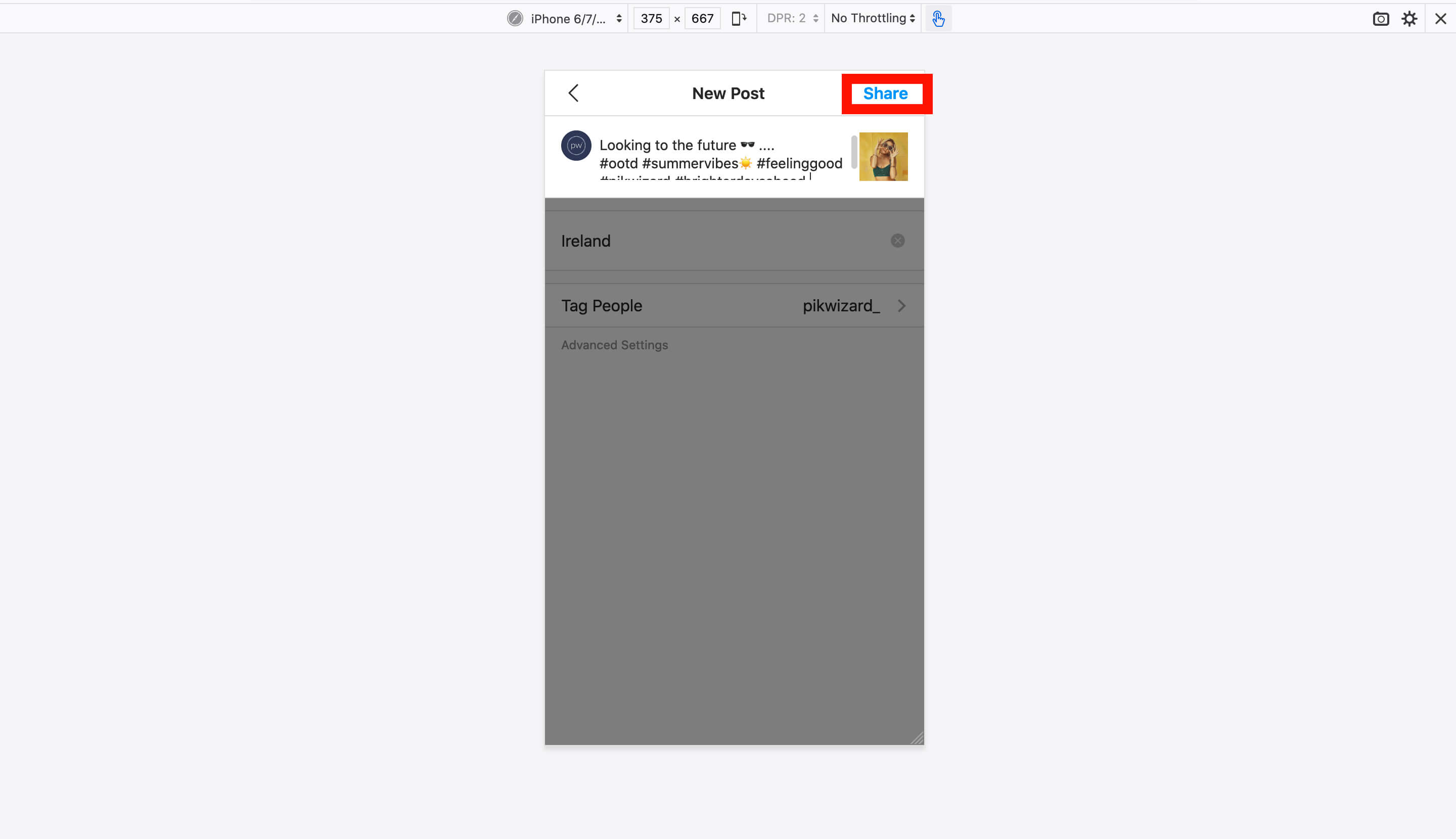 Screenshot of caption process in Instagram on Firefox with the 'Share' button highlighted - A complete beginner's guide on how to post on Instagram from a PC or Mac - Image