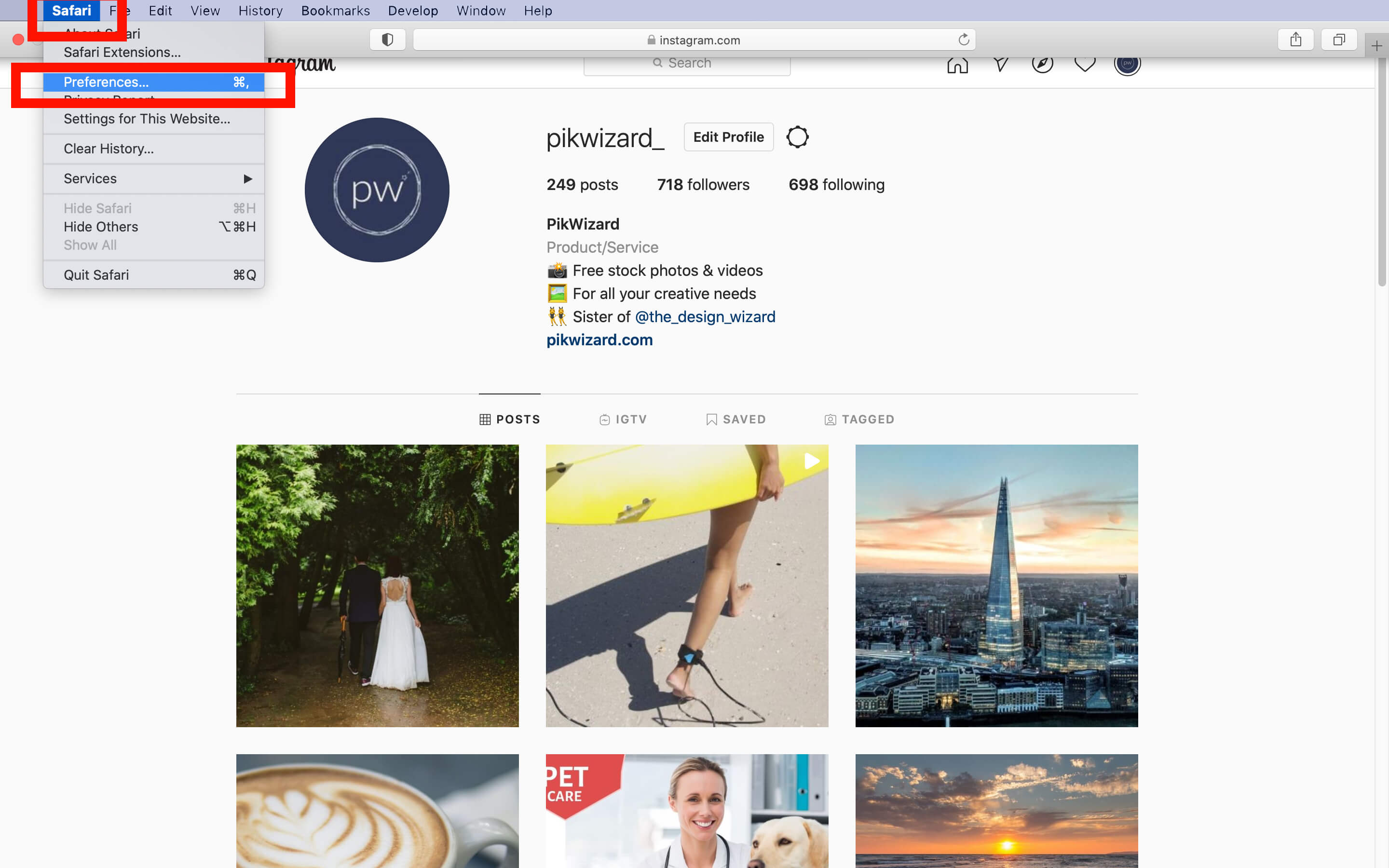 Safari tab and drop down menu displaying 'Preferences', both highlighted in red - A complete beginner's guide on how to post on Instagram from a PC or Mac - Image