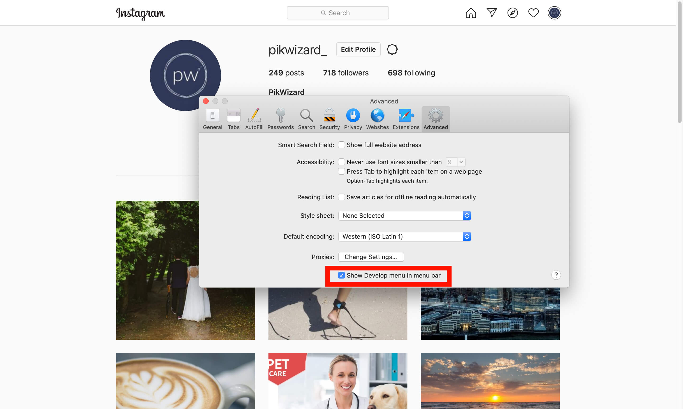  'Show develop menu in menu bar' ticked in Advanced Preferences - A complete beginner's guide on how to post on Instagram from a PC or Mac - Image