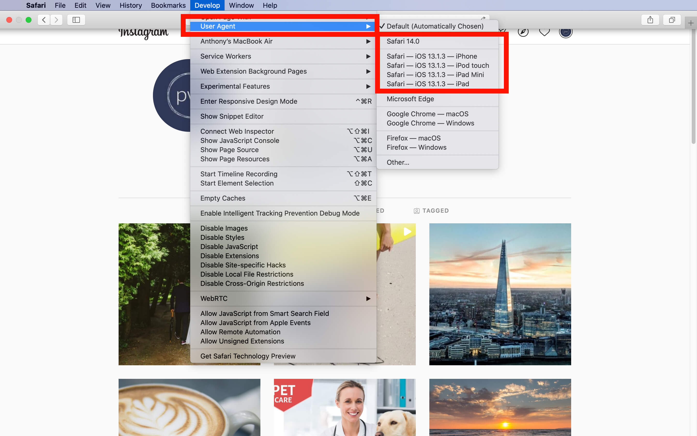  'Develop' Tab Highlighted with Drop Down Menu to 'User Agent', both in red, along with various mobile sizes in red - A complete beginner's guide on how to post on Instagram from a PC or Mac - Image