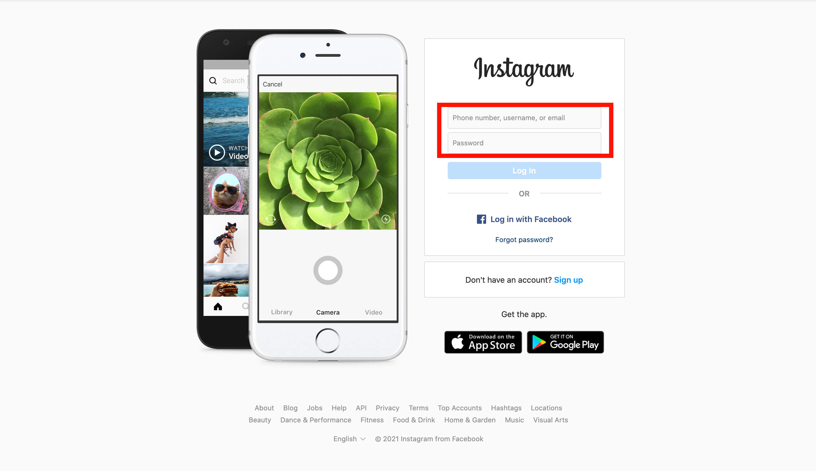 Screenshot of Instagram log-in/sign-up page on Google Chrome with log-in/sign-up options highlighted - A complete beginner's guide on how to post on Instagram from a PC or Mac - Image