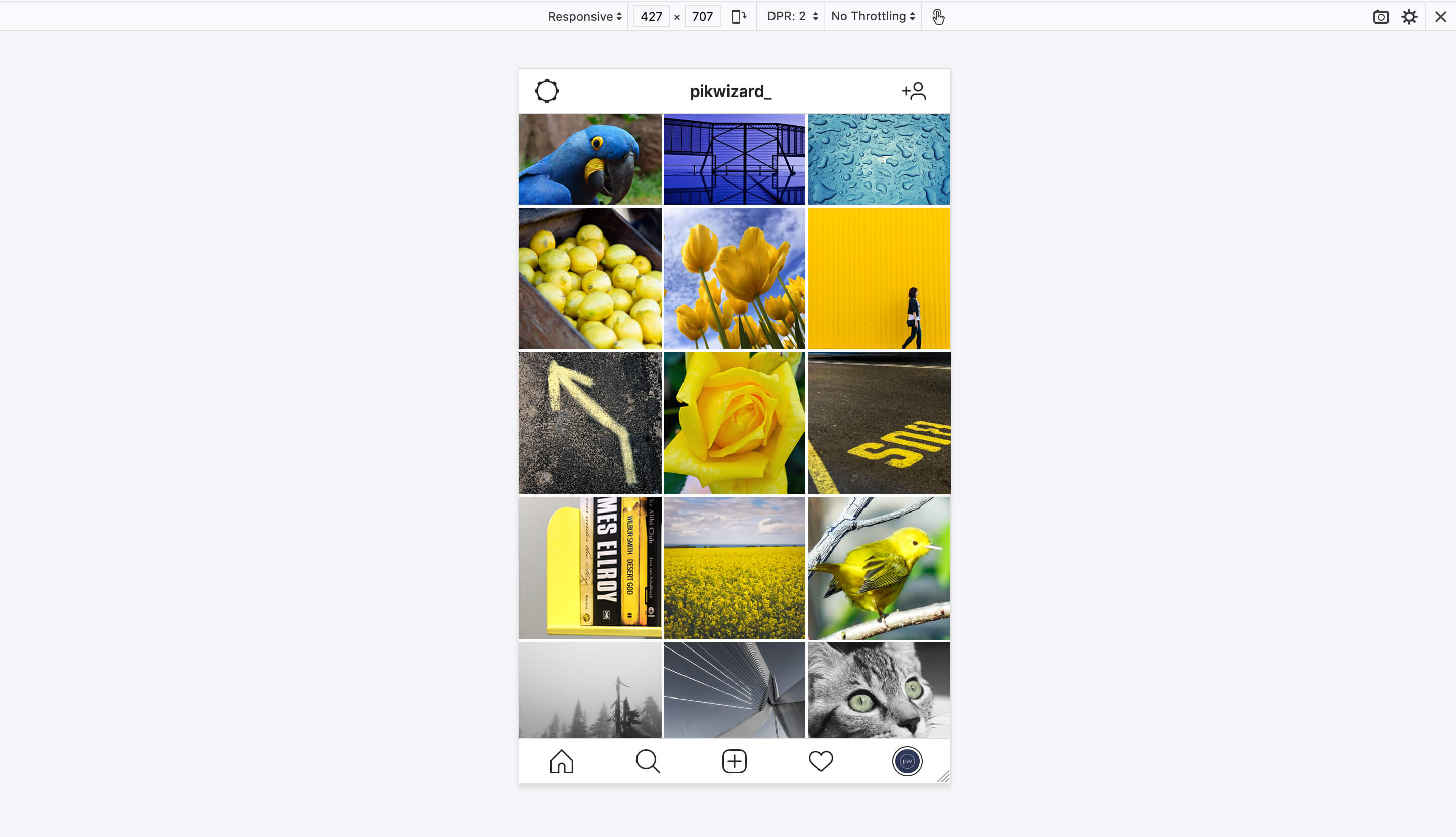 Example screenshot of Color blocking on an Instagram Page, with color blocks of blue. yellow and gray - A complete beginner's guide on how to post on Instagram from a PC or Mac - Image