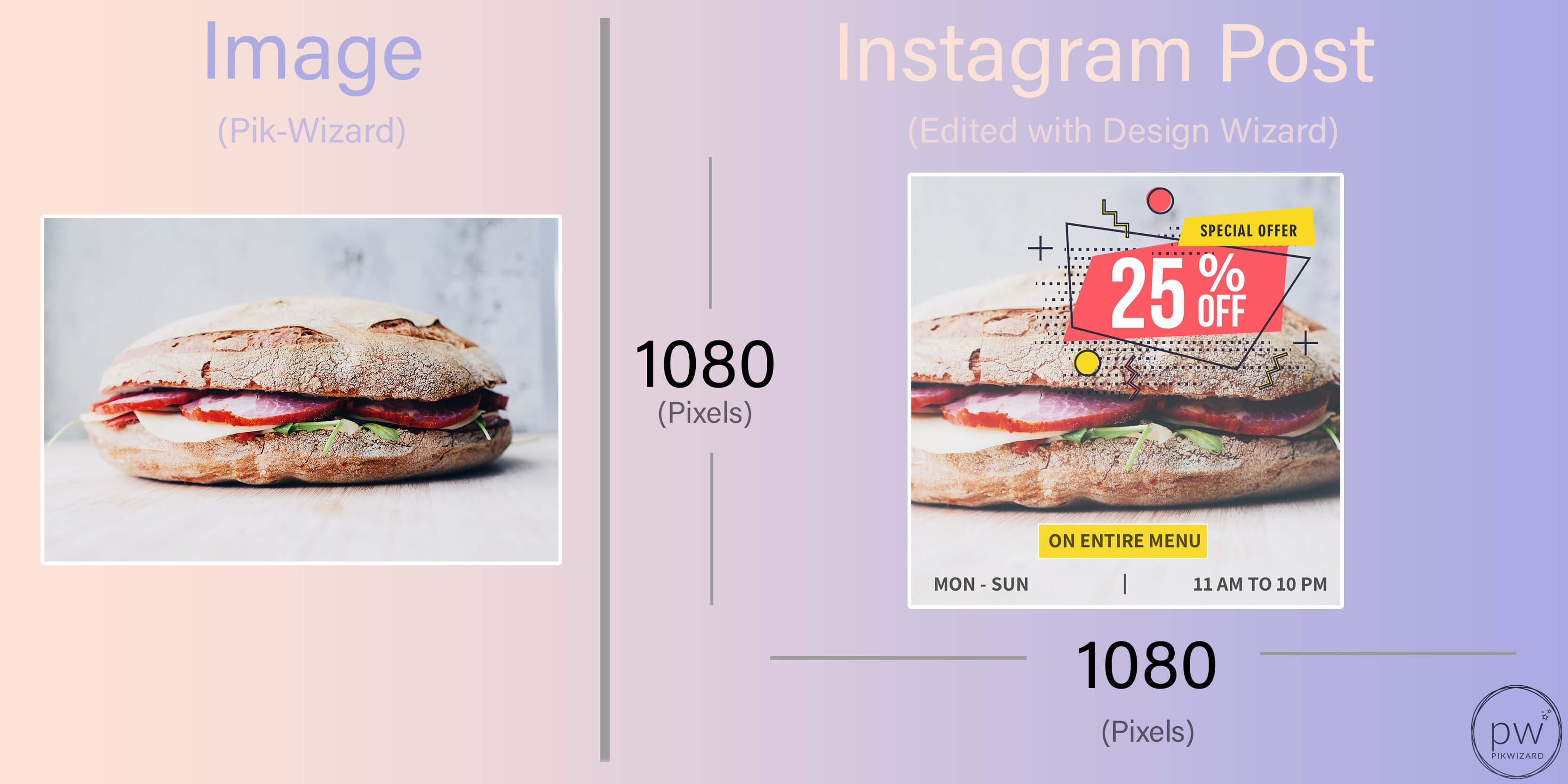 Side by side stock image and edited instagram post of a sandwich special offer - A complete beginner's guide on how to post on Instagram from a PC or Mac - Image