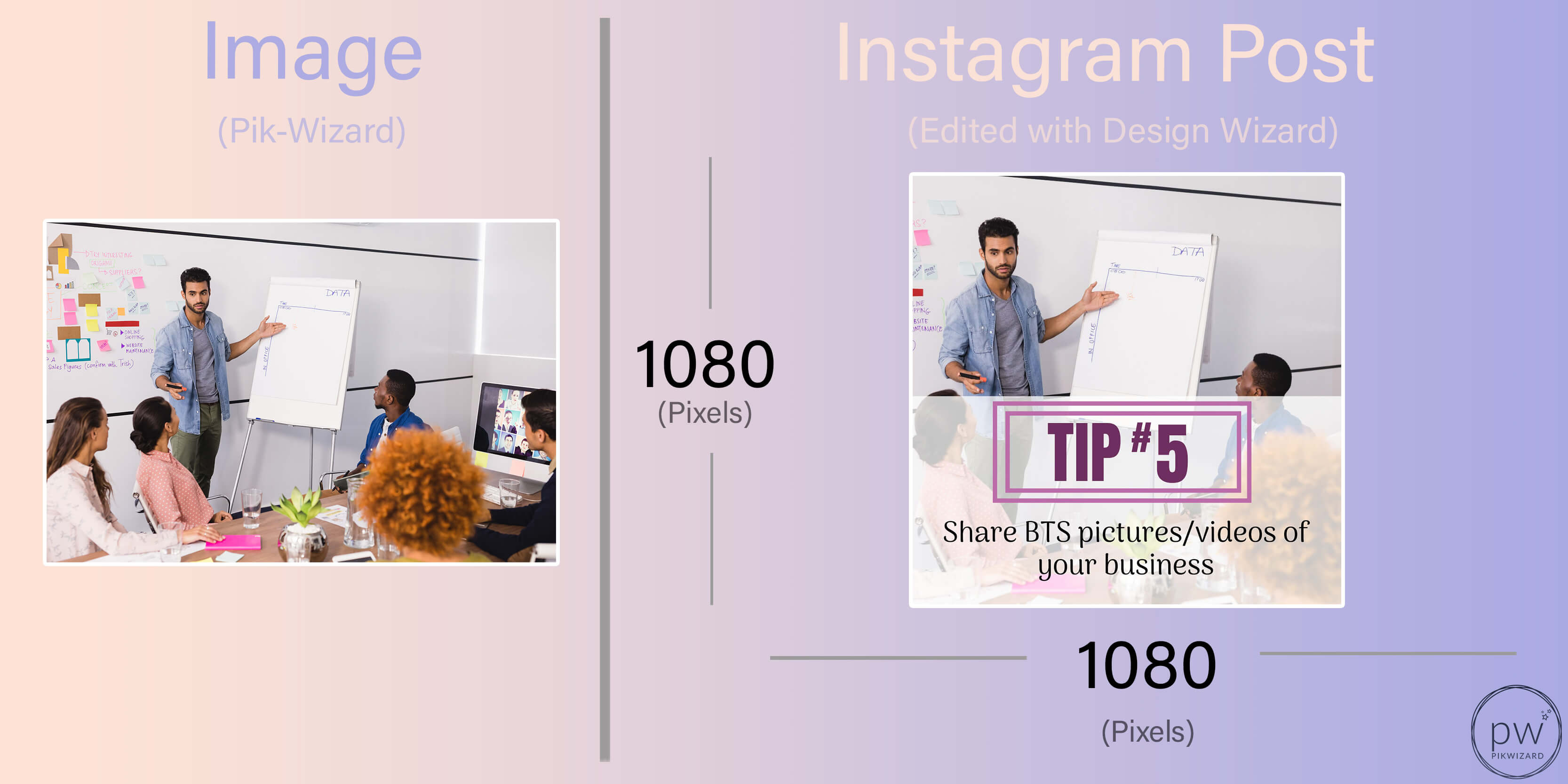 Side by side stock image and edited instagram post for business tips - A complete beginner's guide on how to post on Instagram from a PC or Mac - Image