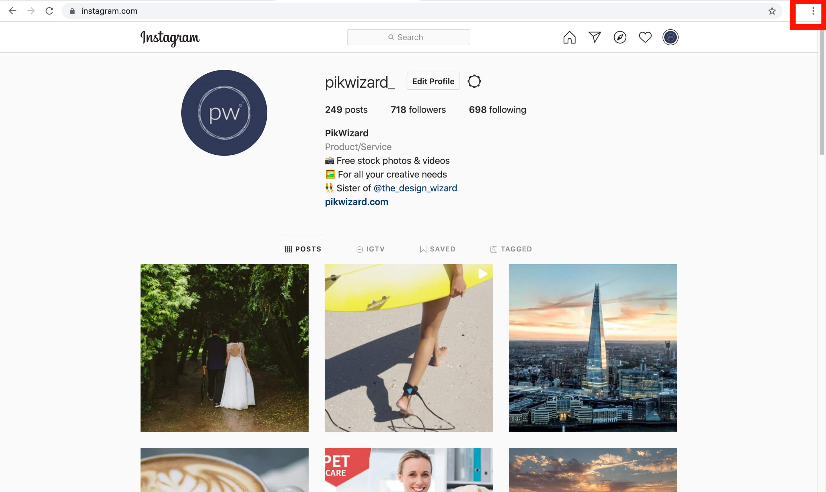 Screenshot of PikWizard home page on Instagram in Google Chrome, desktop view - A complete beginner's guide on how to post on Instagram from a PC or Mac - Image