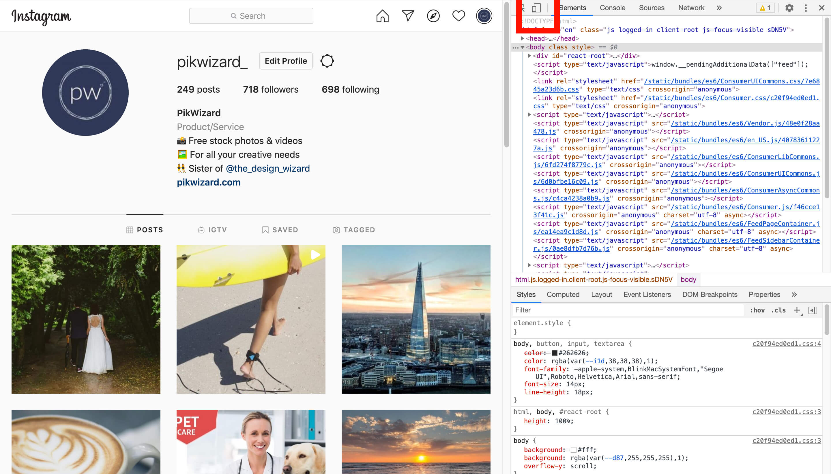 Screenshot of developer tools open on the right side of the screen - A complete beginner's guide on how to post on Instagram from a PC or Mac - Image