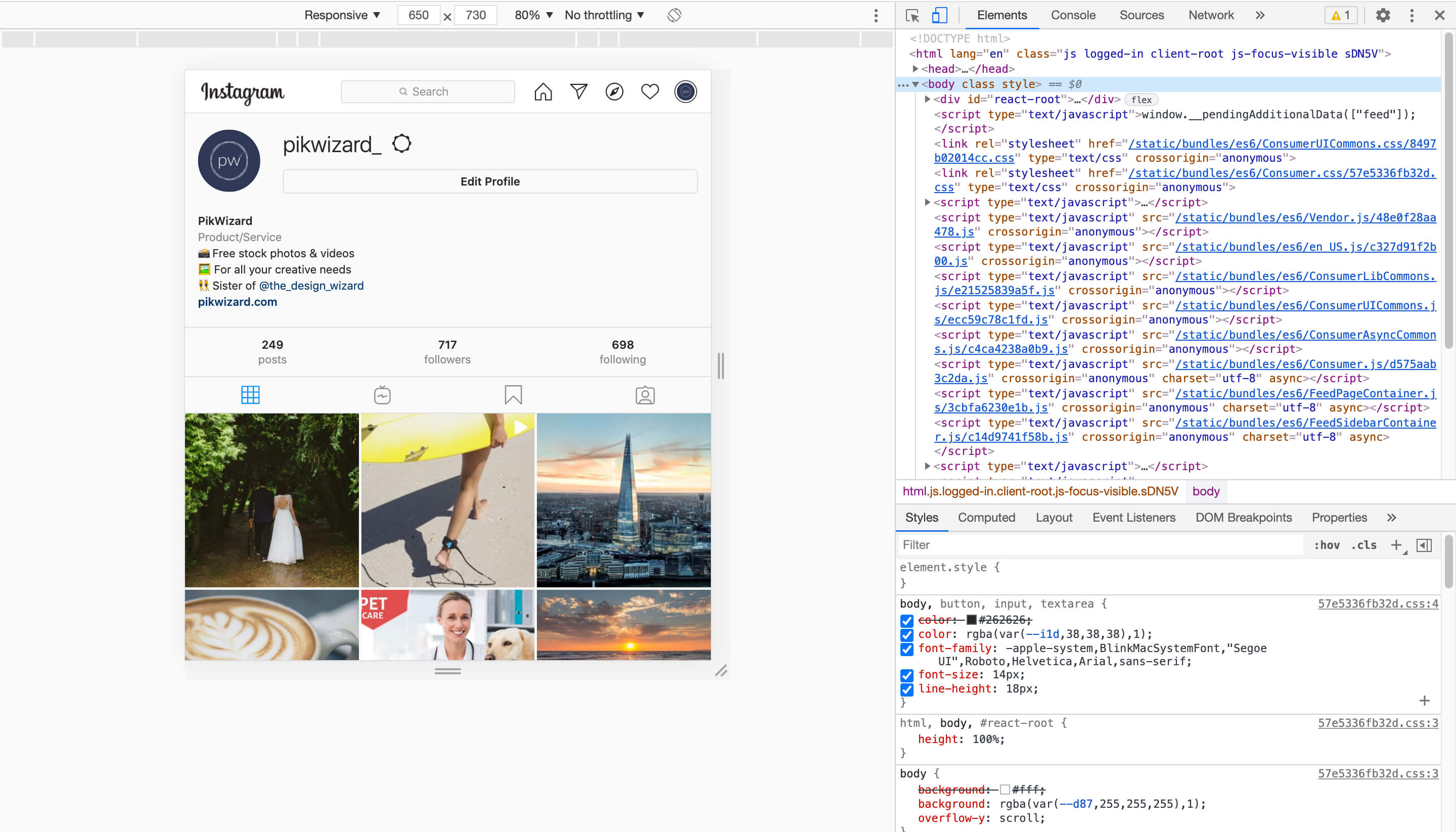 Screenshot of responsive view on Instagram using developer tools - A complete beginner's guide on how to post on Instagram from a PC or Mac - Image