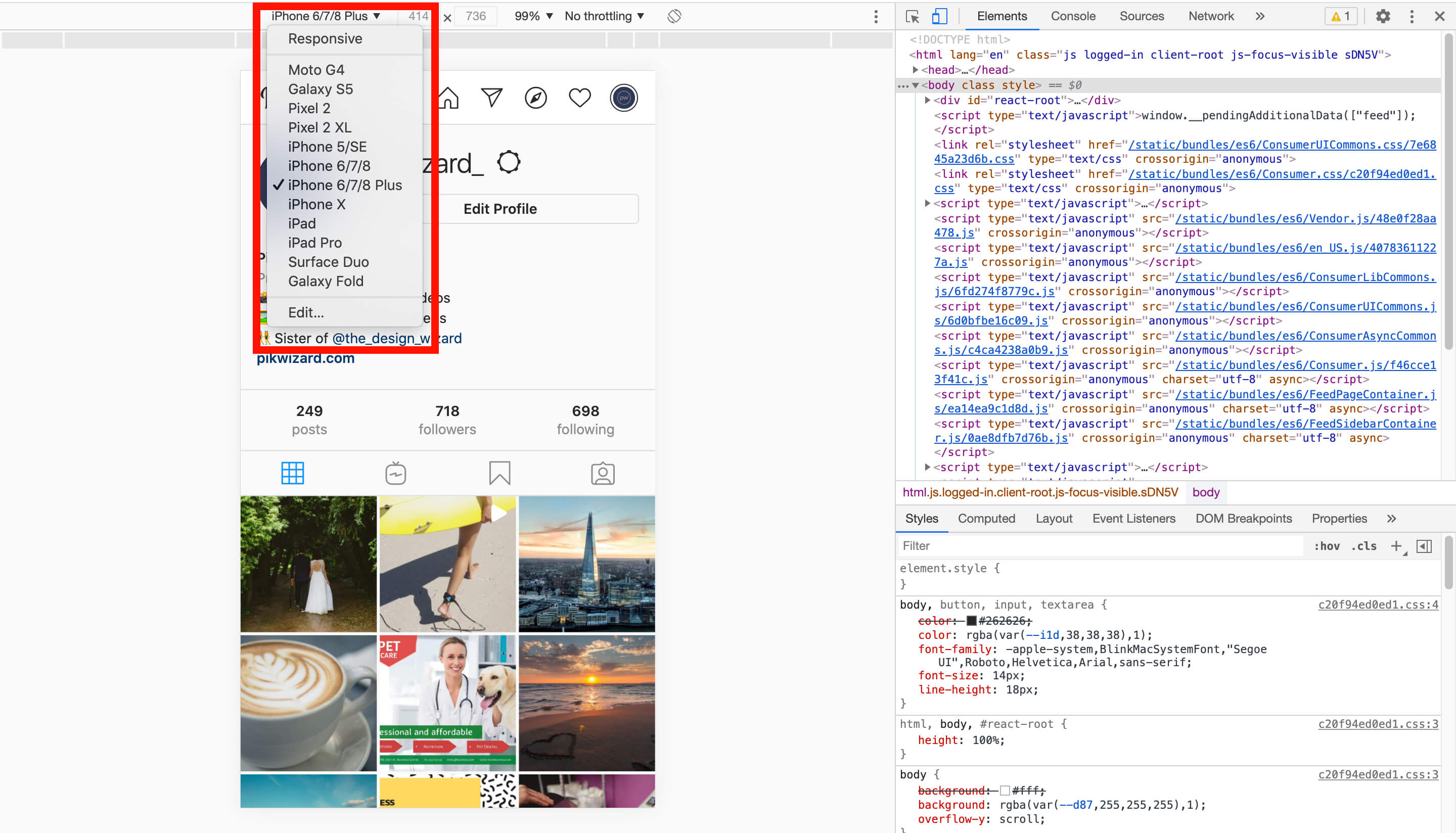 Screenshot of mobile sizes highlighted in Google Chrome - A complete beginner's guide on how to post on Instagram from a PC or Mac - Image