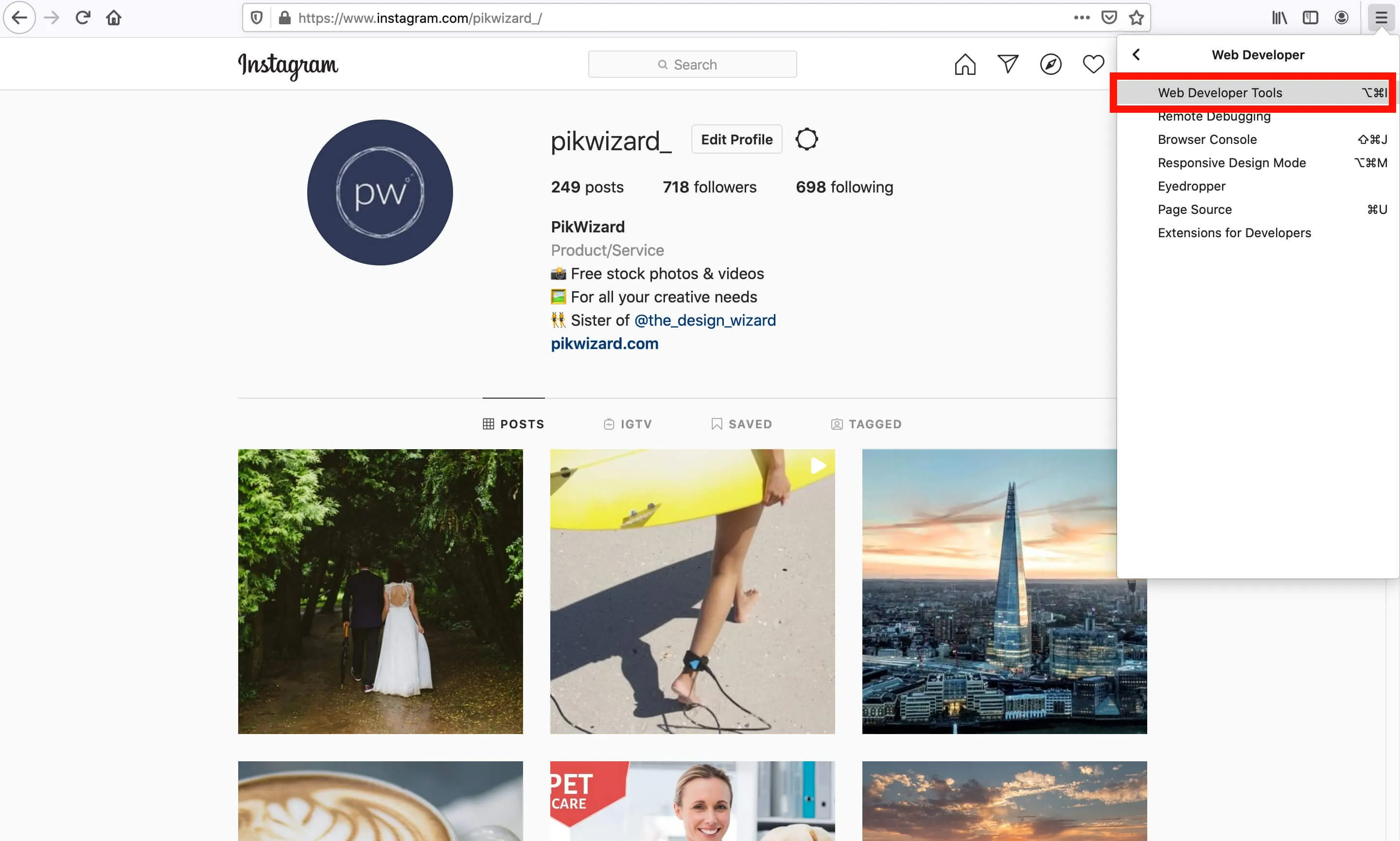 Firefox 'Web Developer Tools' highlighted in red - A complete beginner's guide on how to post on Instagram from a PC or Mac - Image