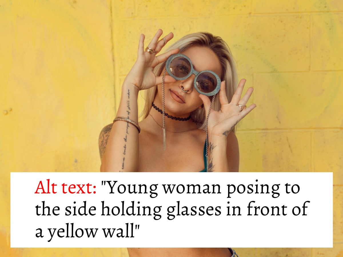 Image of a young woman posing to the side holding glasses in front of a yellow wall with this description placed on a white rectangle - Must-know design tips for using images on websites - Image