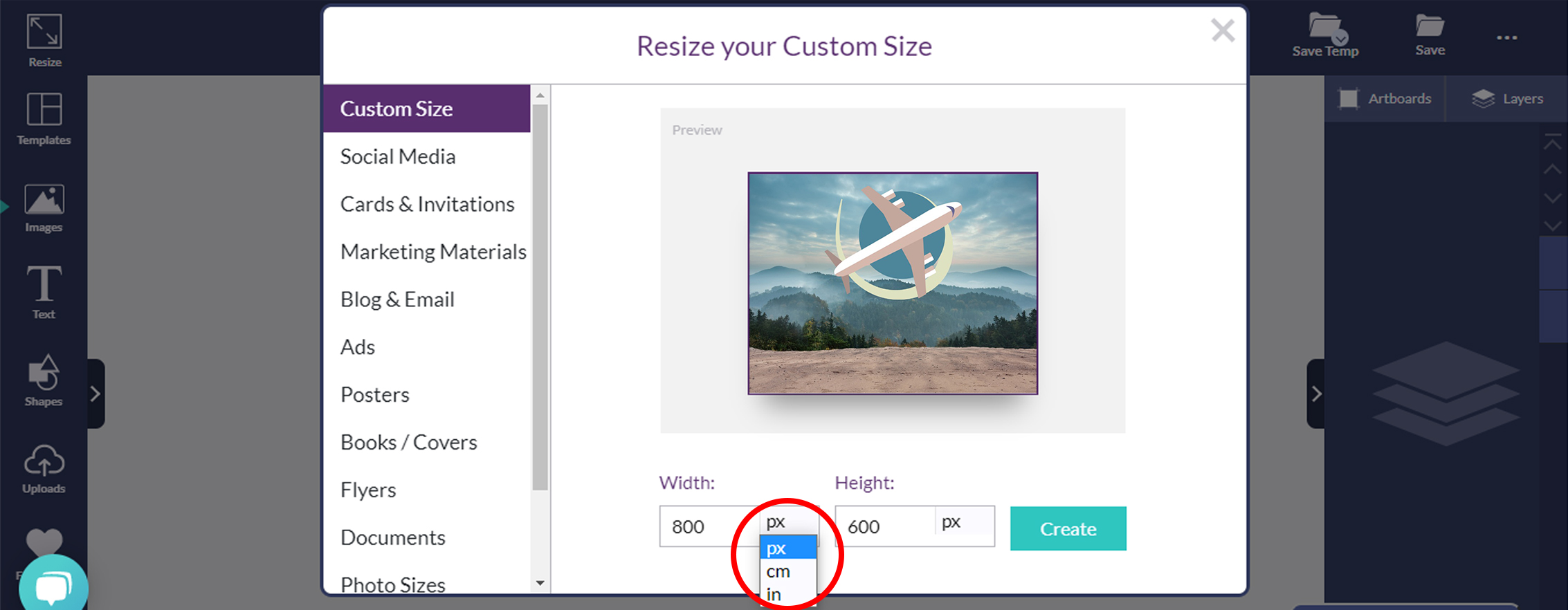 Design Wizard resizing tool being used to change dimensions of image - Why do you need to understand the conversion of inches to pixels when resizing images, and what free online tools can help with it - Image