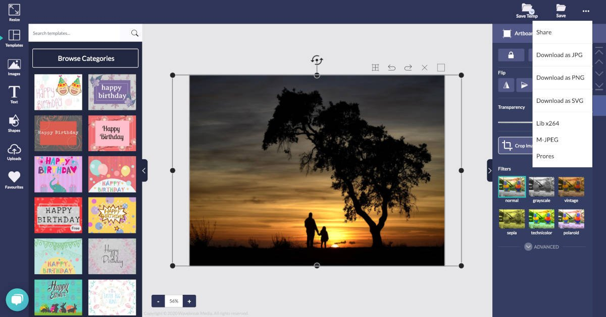 Screenshot of a Pikwizard sunset image with silhouettes, being saved as a JPG and PNG in Design wizard - Do PikWizard and Design Wizard use JPEG or PNG - Image