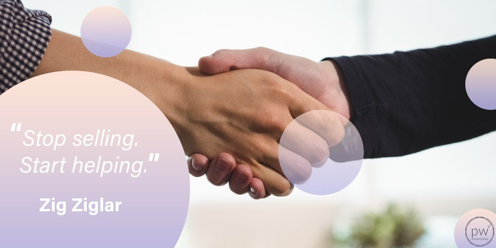 The quote is repeated in a purple circle with two people shaking hands in the background - 35 inspiring marketing quotes to motivate your team and improve conversions - Image