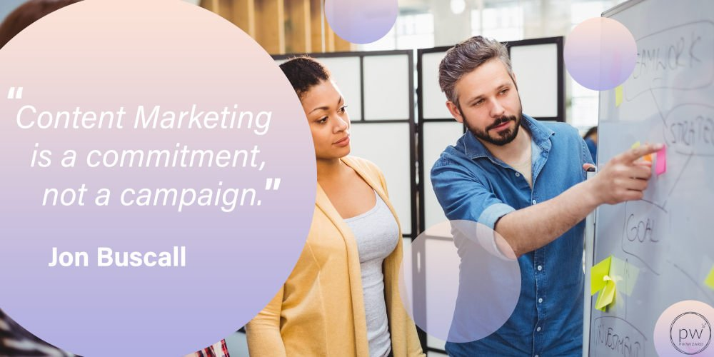The quote is repeated in a purple circle with two people in front of a board with sticky notes - 35 inspiring marketing quotes to motivate your team and improve conversions - Image