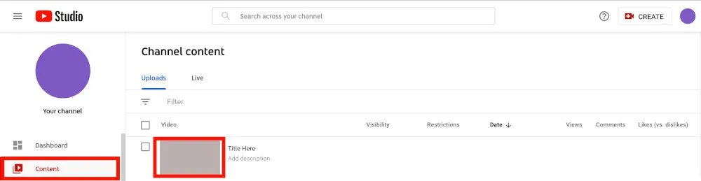 YouTube Studio screenshot with 'content' option on the left hand side highlighted in red - How to choose the perfect YouTube thumbnail size - Image