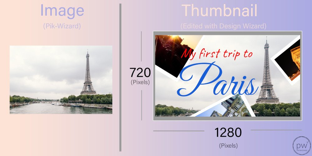 Image and Edited Image for a Youtube Thumbnail side by side comparison using an image of a Paris landscape with the Eiffel Tower in the background - How to choose the perfect YouTube thumbnail size - Image