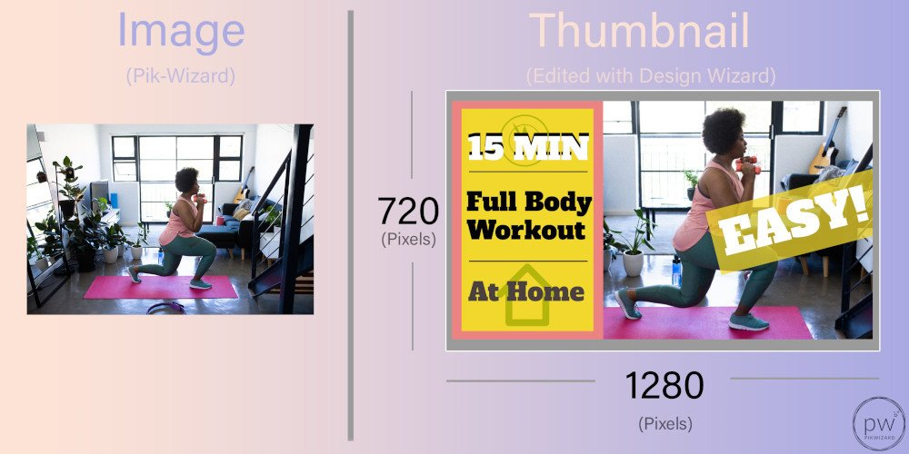 Image and Edited Image for a Youtube Thumbnail side by side comparison using an image of a woman exercising wearing fitness clothes at home, with plants surrounding her - How to choose the perfect YouTube thumbnail size - Image
