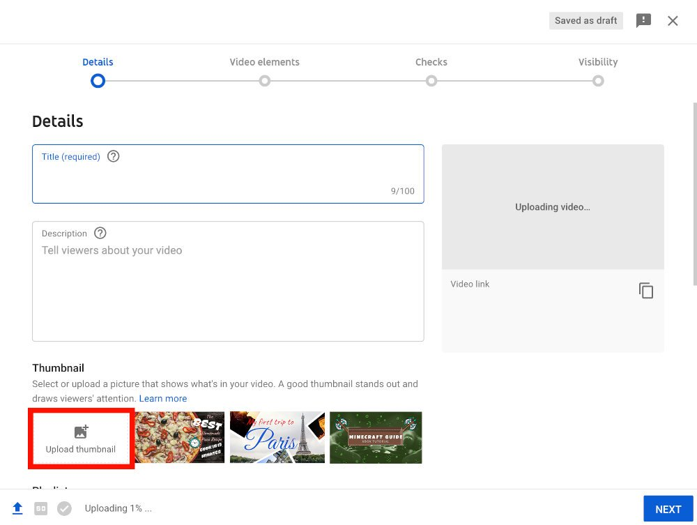 Screenshot of Uploading process for new video in YouTube with 'Upload Thumbnail' Highlighted in Red in details panel - How to choose the perfect YouTube thumbnail size - Image