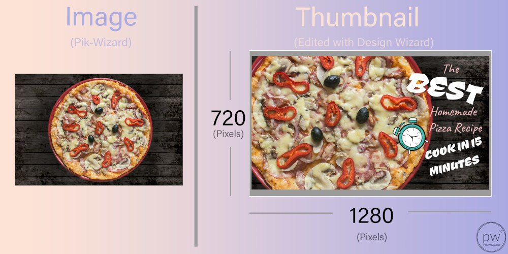 Image and Edited Image for a Youtube Thumbnail side by side comparison using an image of a pizza with toppings on a wood background - How to choose the perfect YouTube thumbnail size - Image
