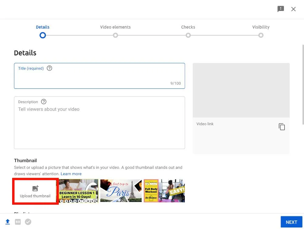 Screenshot of process for already uploaded videos in YouTube with 'Upload Thumbnail' Highlighted in Red in details panel - How to choose the perfect YouTube thumbnail size - Image