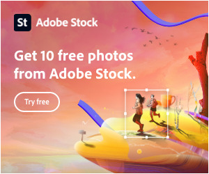 This is a screenshot of a website promoting Adobe Stock. The website features text and a graphic design poster. It offers 10 free photos for users to try.