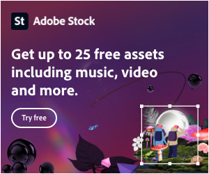 This is a screenshot of a website promoting Adobe Stock. It is advertising the option to get up to 25 free assets, including music and video. The image is related to graphic design and design.