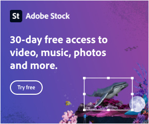 The image is a screenshot of a graphical user interface for an application. The content of the image is an advertisement for Adobe Stock, offering a 30-day free access to video, music, photos, and more. The image includes text and may be related to a reef, according to the tags.