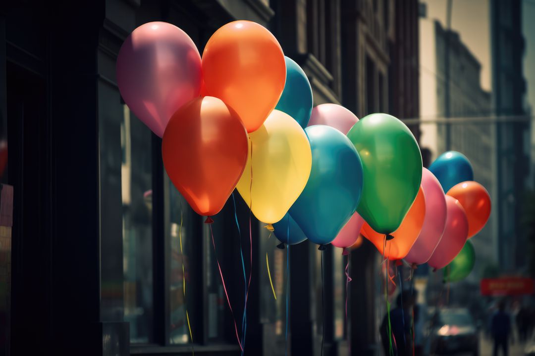 Colourful helium balloons floating with hanging strings, created using  generative ai technology from Pikwizard