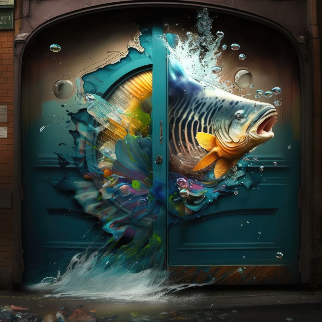 Building with door covered in colorful fish graffiti created using generative ai technology - Free Images, Stock Photos and Pictures on Pikwizard.com