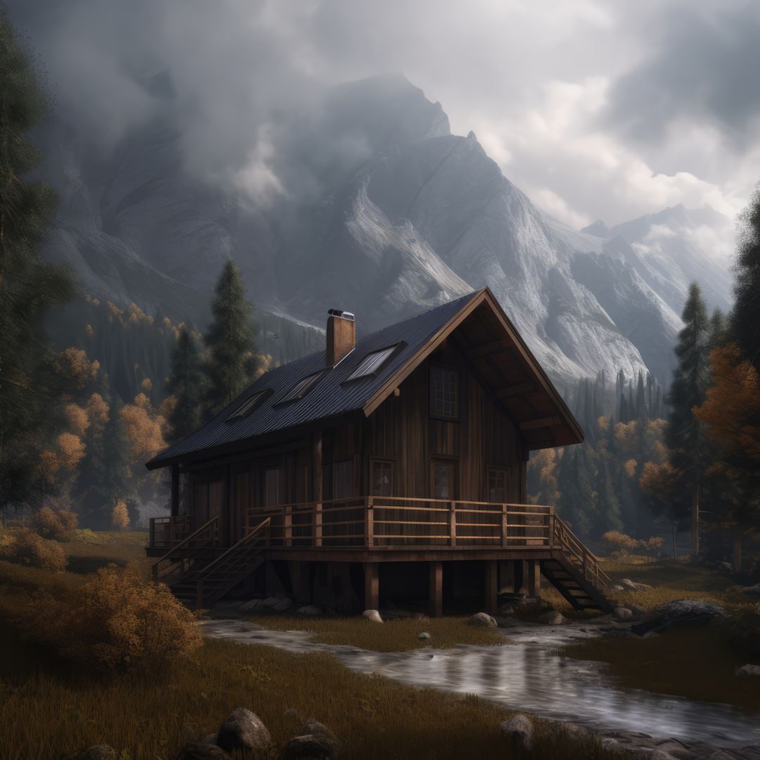 Wooden cabin in mountain landscape, created using generative ai technology - Free Images, Stock Photos and Pictures on Pikwizard.com