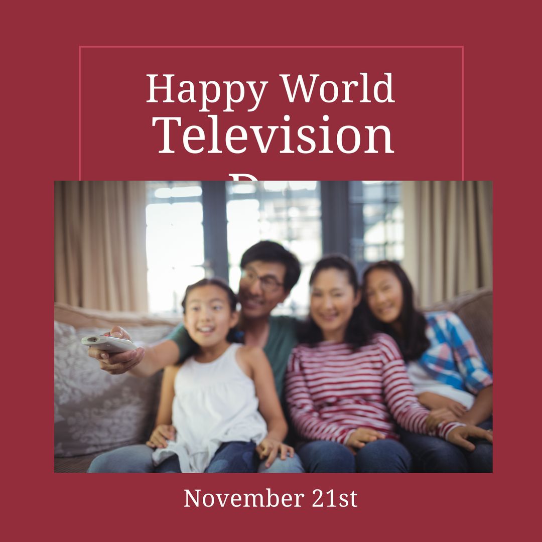 Composition of happy world television day text with asian family watching tv - Download Free Stock Templates Pikwizard.com