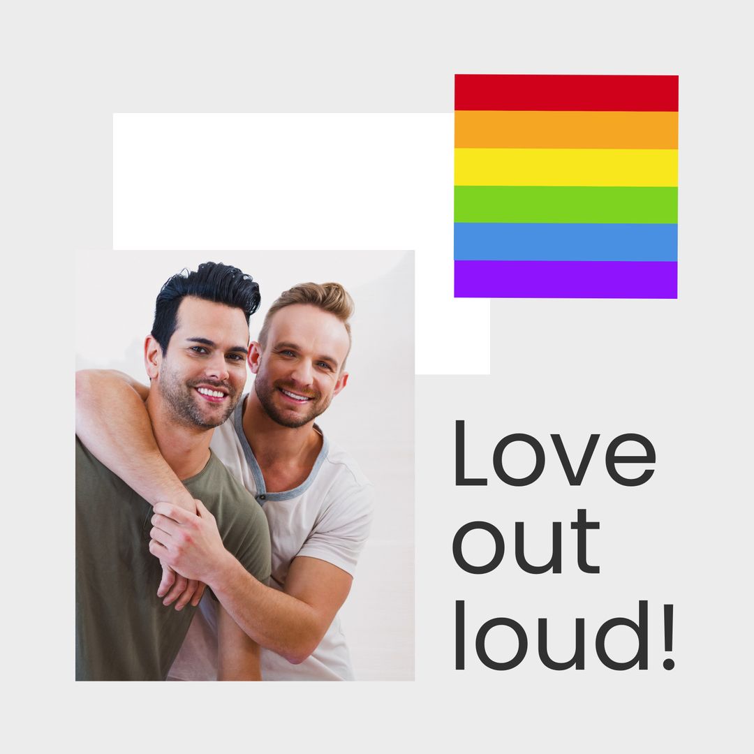 Love out loud text in black and rainbow stripes with happy caucasian gay  male couple from Pikwizard