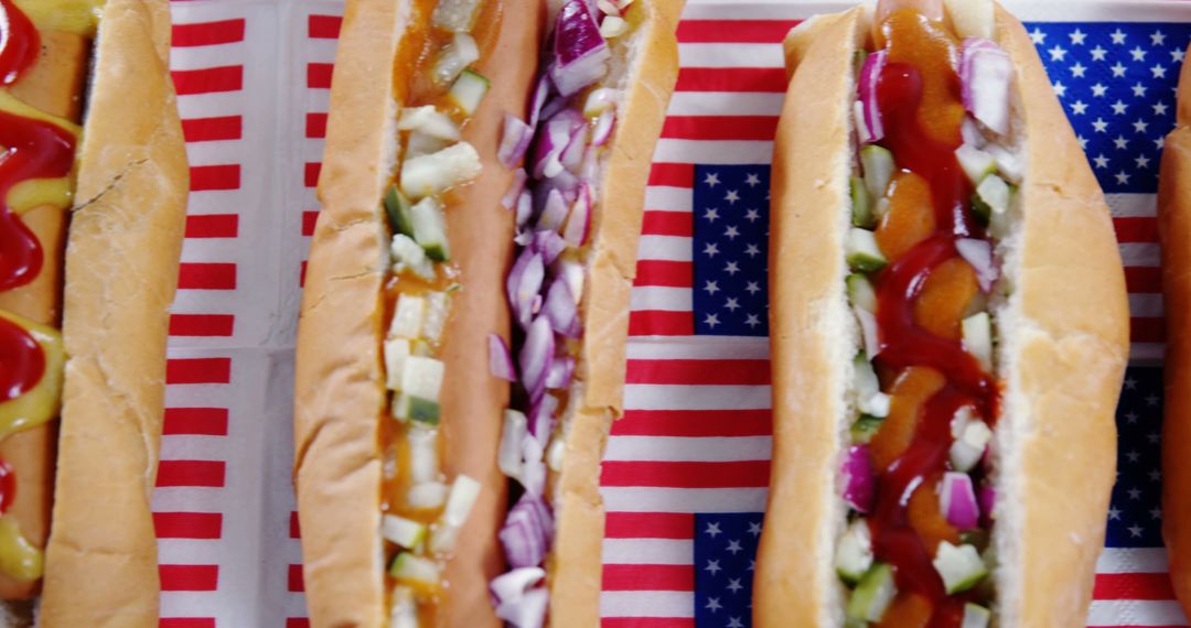 Close up of three hot dogs on flag of united states of america - Free Images, Stock Photos and Pictures on Pikwizard.com