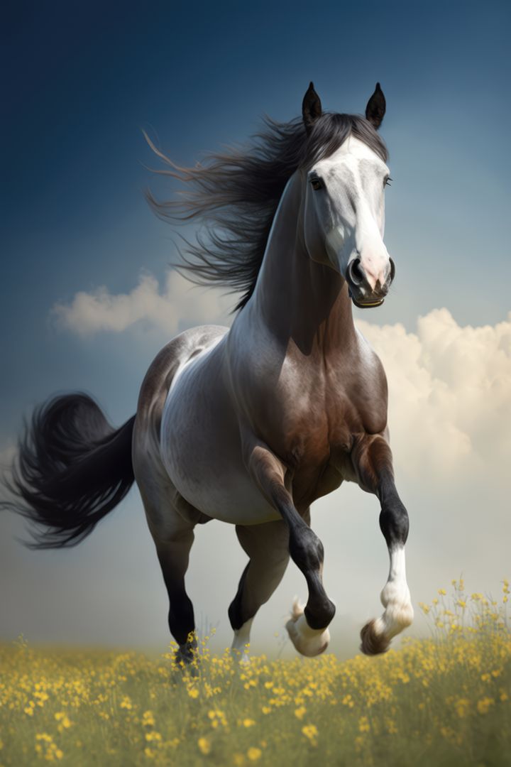 Black horse running in the field, created with generative AI