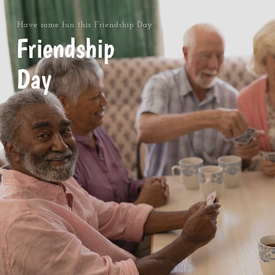 Friendship day text banner over group of diverse senior people playing cards at retirement home - Download Free Stock Templates Pikwizard.com