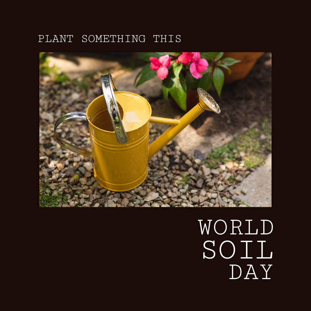 Composition of world soil day text over yellow watering can in garden - Download Free Stock Templates Pikwizard.com