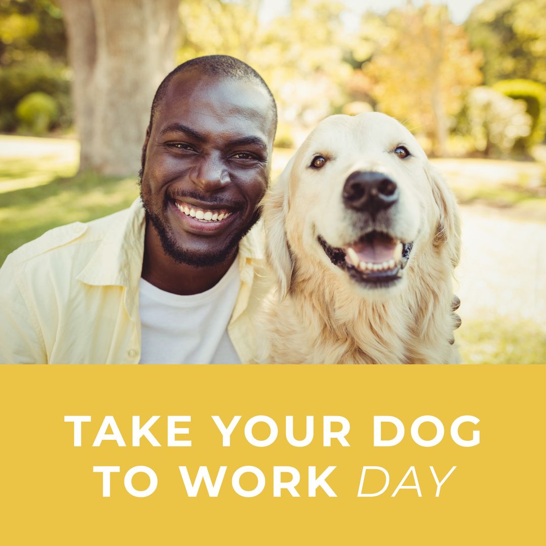 Take your dog to work day text over portrait of smiling african american man and pet dog in park - Download Free Stock Templates Pikwizard.com
