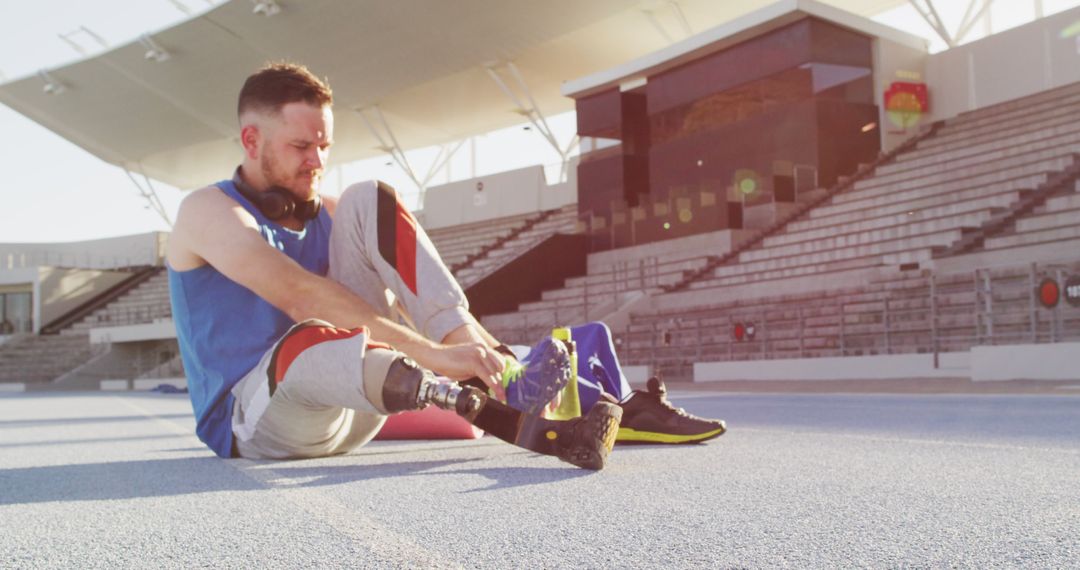 Photo of caucasian disabled woman in sportswear with prosthetic