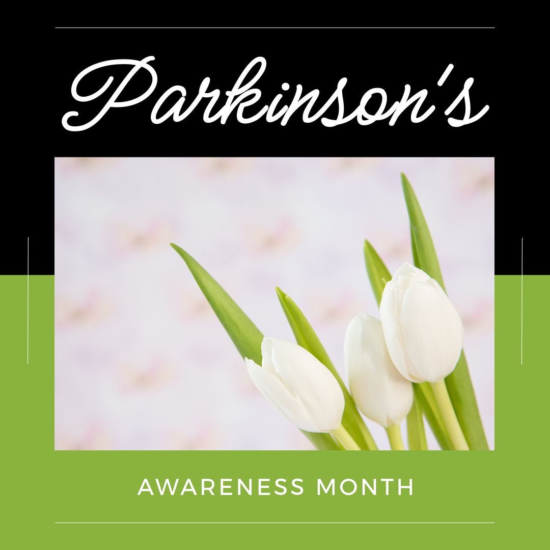 Composition of parkinson's awareness month and white tulips on black and green background - Download Free Stock Templates Pikwizard.com