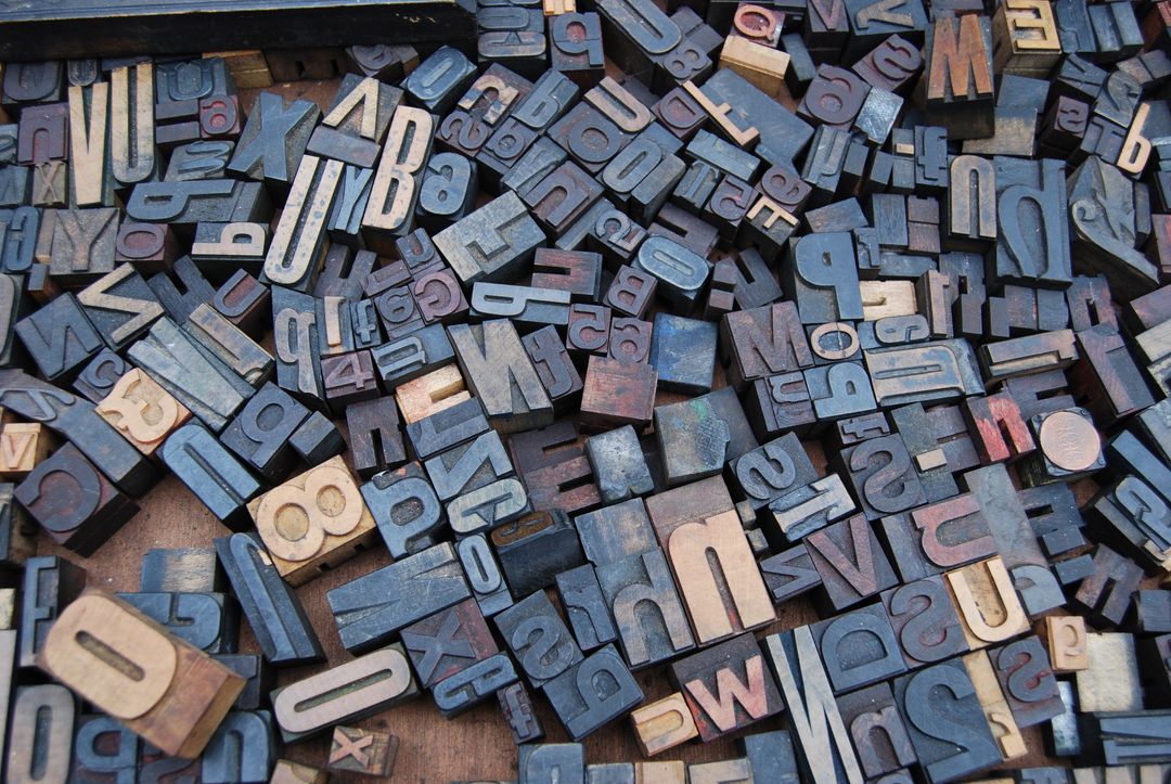 Overhead image of multi-colored blocks of letters and numbers